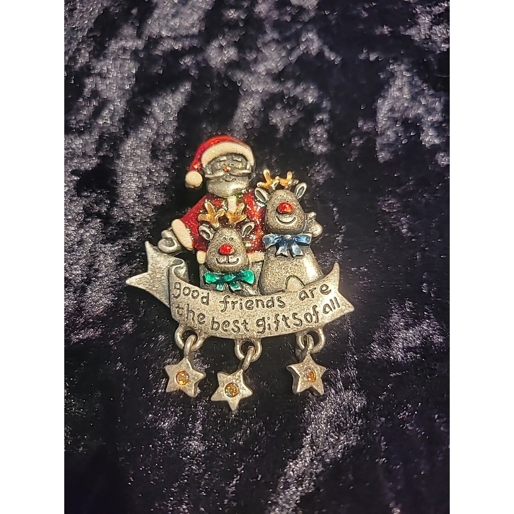 Vintage AJMC Santa Reindeer Brooch Pewter Christmas Friends Jewelry Costume